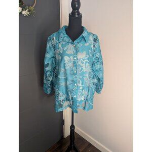 y2k Elementz Women's Teal Floral Semi-Sheer Button-Up Blouse w/ Shell XL